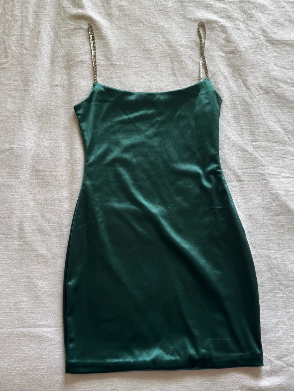 Meshki Emerald Satin Slip Dress with Rhinestone Straps - Picture 2 of 4
